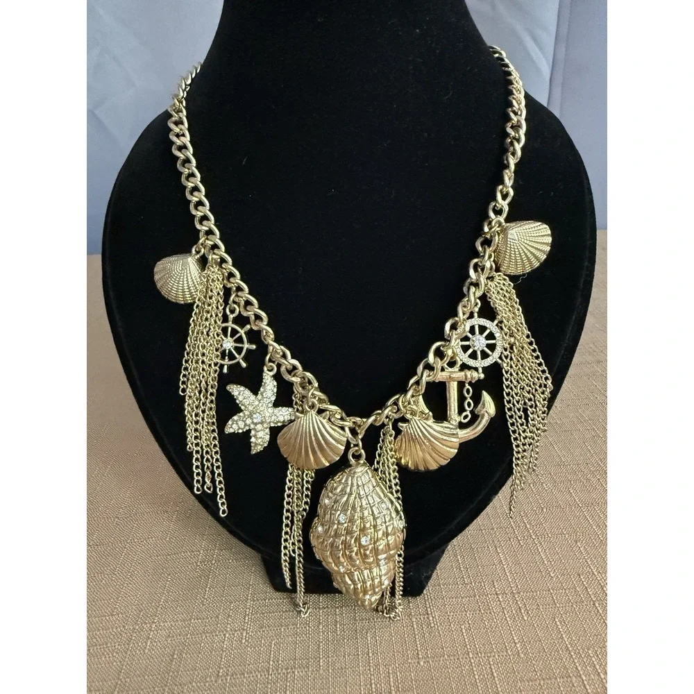 Gold Seashell Charm Statement Necklace Beach Coastal Boho Bib Jewelry Chain